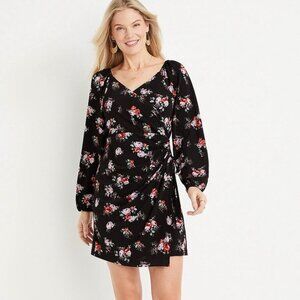 Maurices NEW Black Floral Mini Wrap Dress Black Ruched Stretchy Women’s Size L